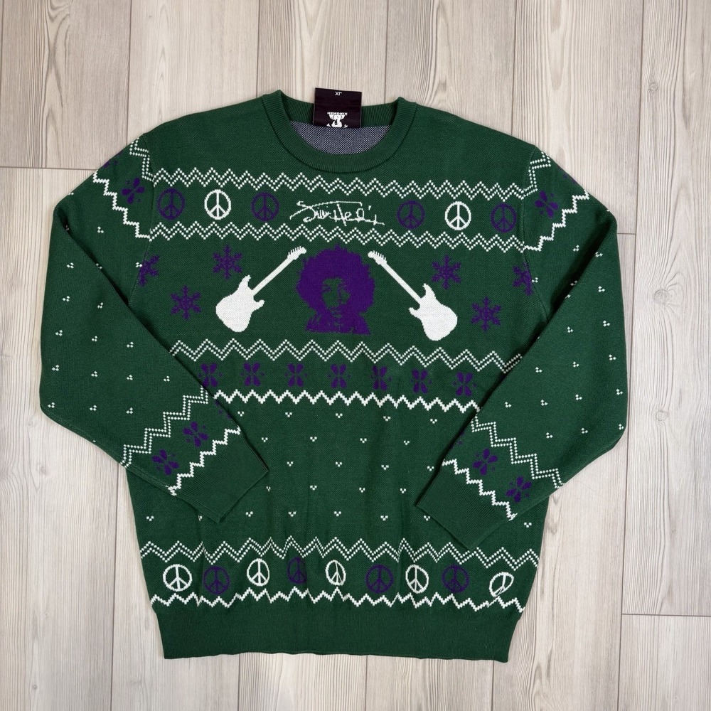 Jimi‎ Hendrix Men's XL "Peace and the Power of Love" green jacquard knit sweater